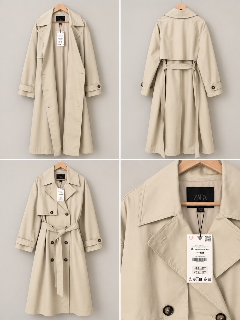 Zara Women’s Oversized Long Trench Coat Beige Belted NWT M/L Quiet Luxury